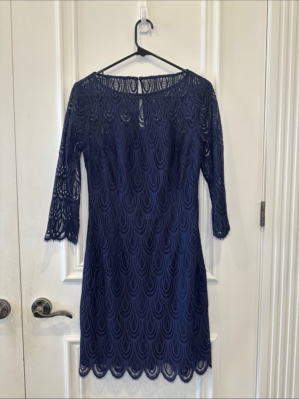 Women's Navy Lace Midi Dress with Scalloped Hem